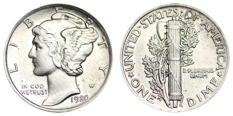 1920 Mercury dime obverse and reverse showing Liberty's winged portrait and fasces design