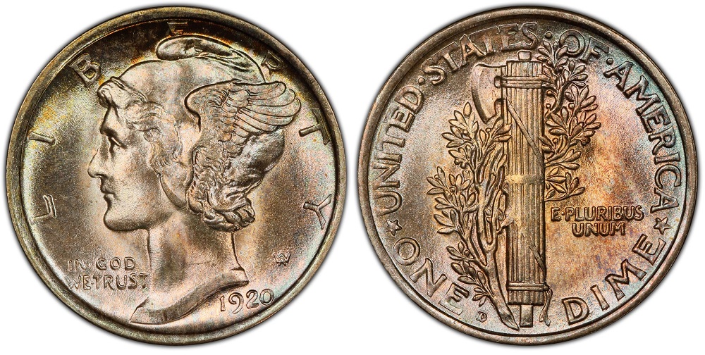 Comparison of 1920 Mercury dime reverse without Full Bands vs with Full Bands designation showing separated horizontal bands on fasces