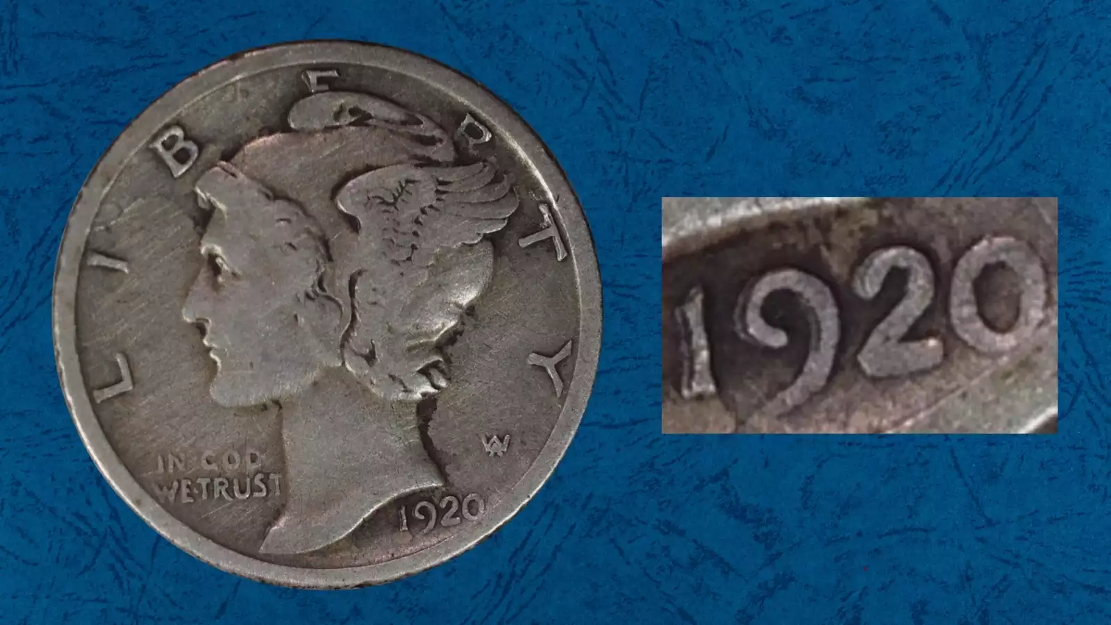 1920 Mercury dime Doubled Die Obverse error showing doubling on Liberty portrait and LIBERTY legend