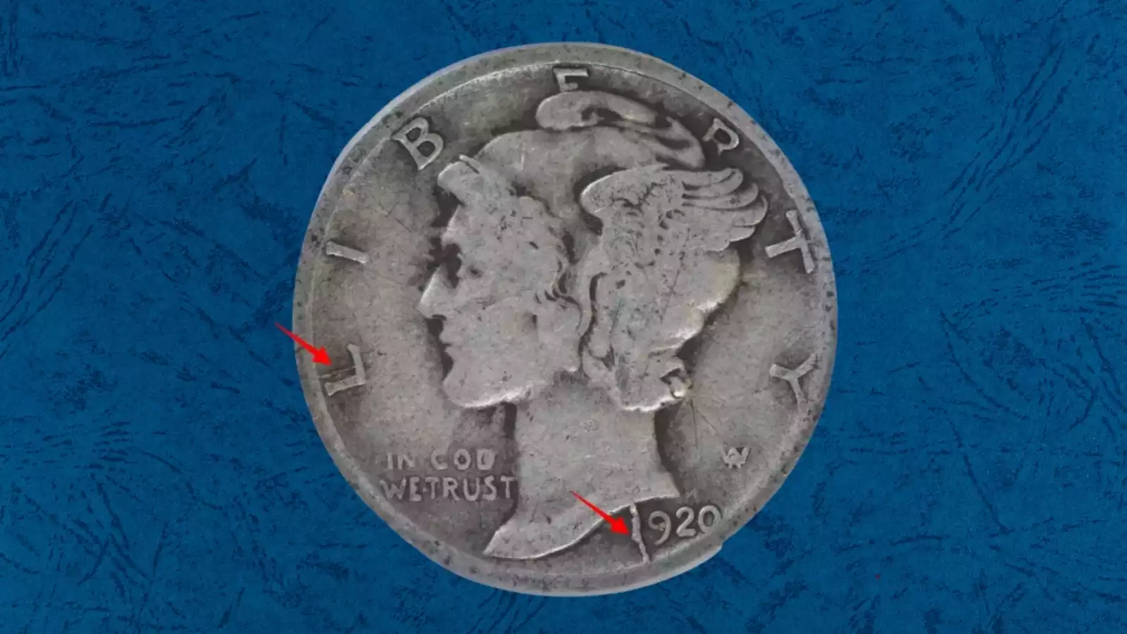 1920 Mercury dime die break cud error showing raised irregular blob of metal near coin rim caused by broken die