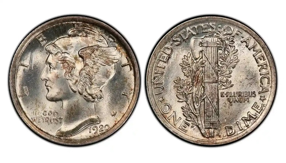 1920-D Mercury dime repunched mint mark error showing secondary faint D impression beneath the primary mint mark on the reverse