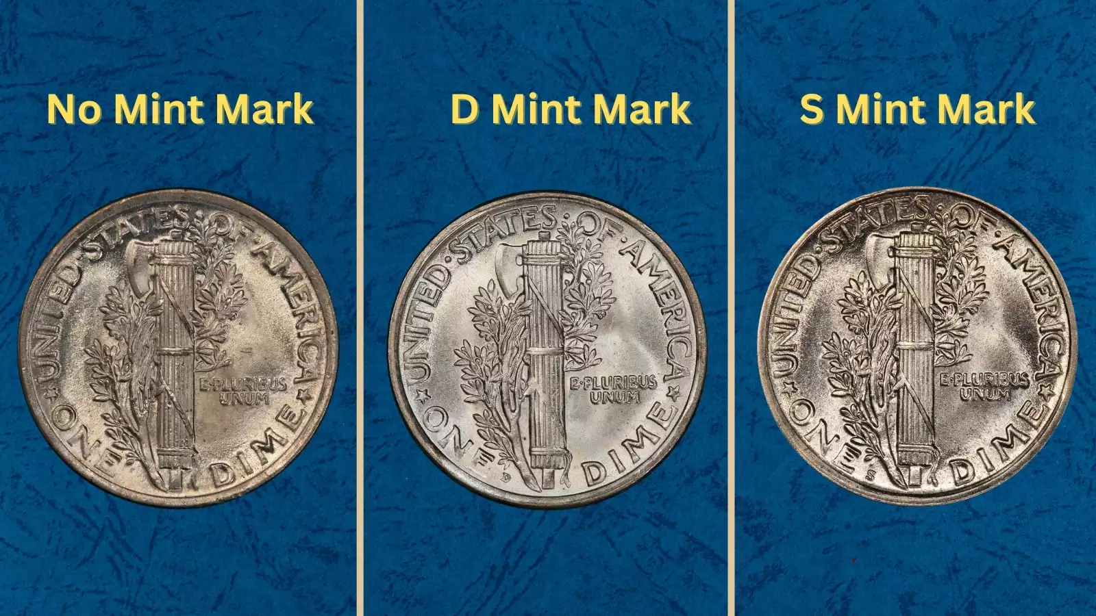 Group of three 1920 Mercury dimes from Philadelphia, Denver, and San Francisco mints showing all three mint varieties