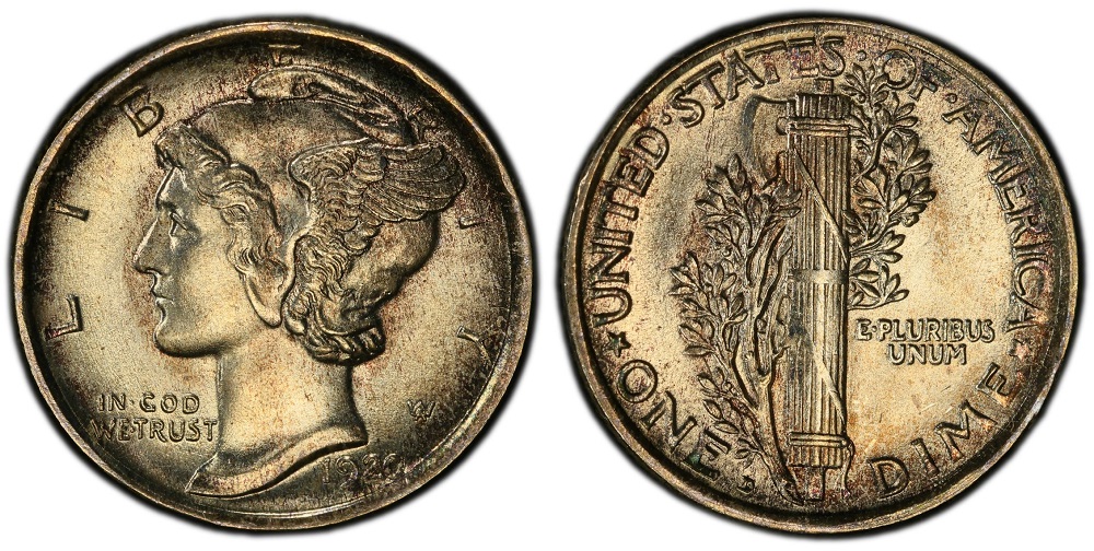 1920 Mercury dime grading strip showing four condition tiers: Worn, Circulated, Uncirculated, and Gem side by side